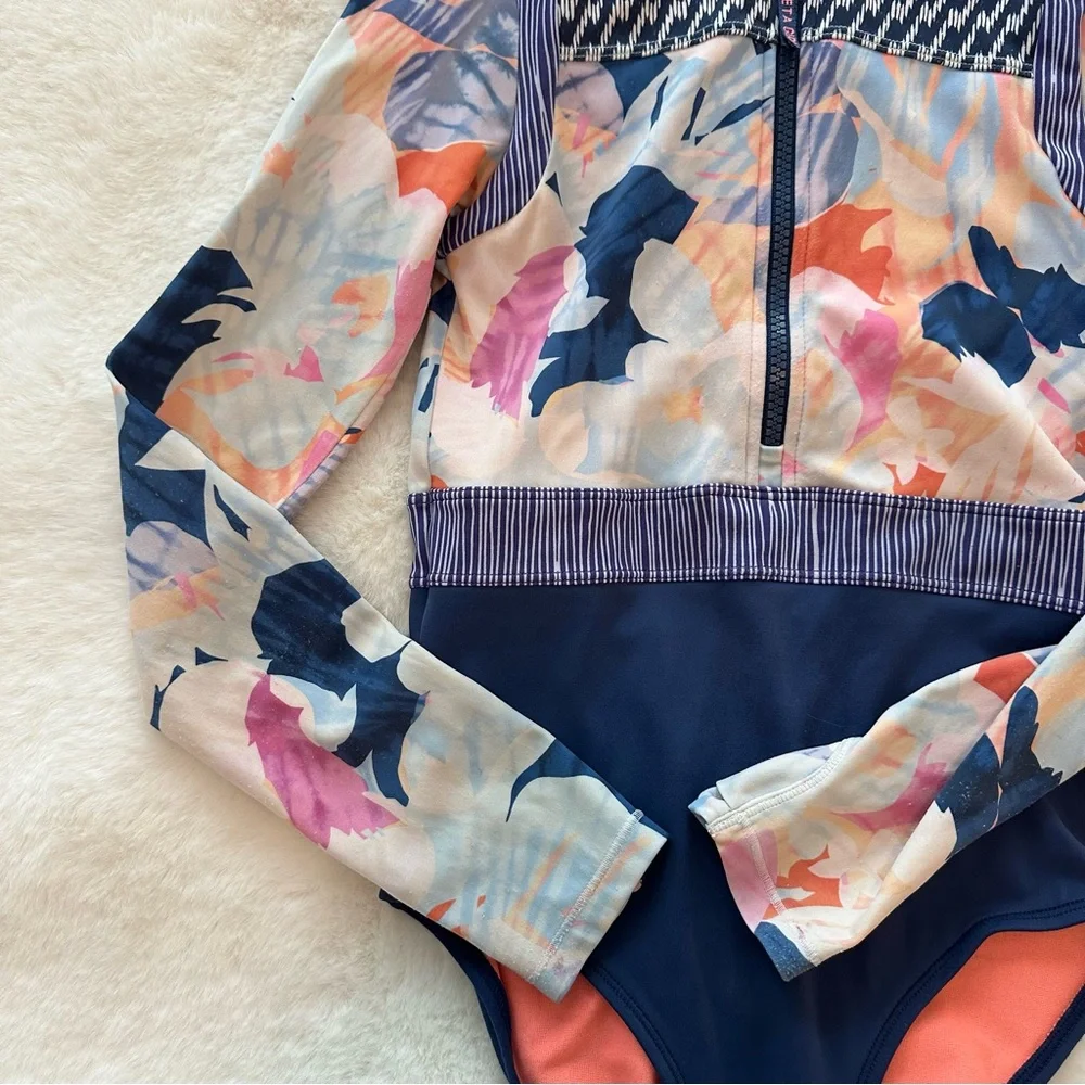 Athleta Navy Floral Print Long-Sleeve One-Piece Swimsuit with Coral Lining